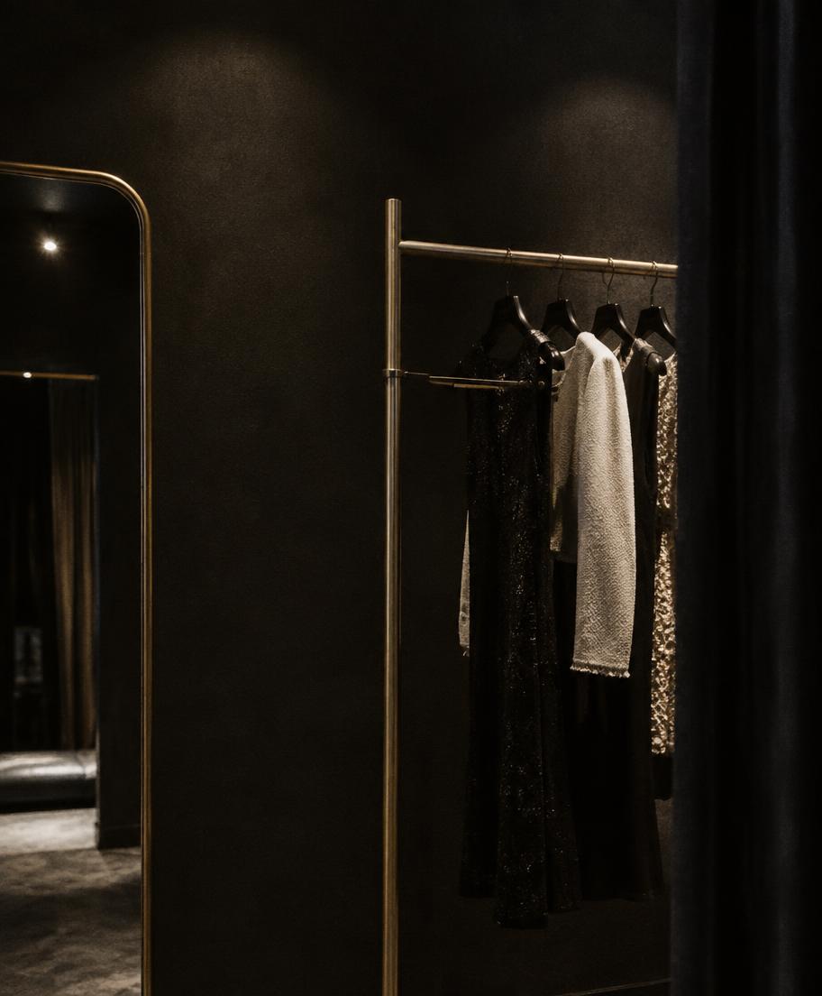 Brass clothing rail holding a few garments in a dark boutique interior